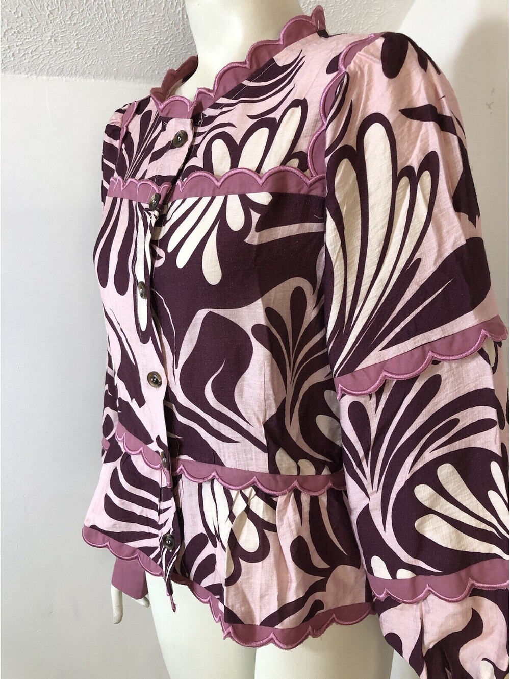 TCEC Womens Large Blouse Pink Burgundy Print Scalloped Trim Peplum New - Picture 8 of 9